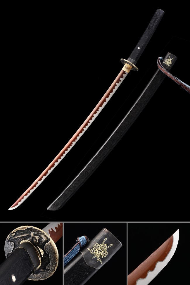 Manganese Steel Red Blade Katana with Raging Fire Hamon - Black Saya Full Tang Samurai Sword