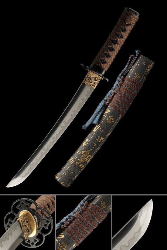 T10 Carbon Steel Tanto with Dragon Tsuba in Black-Gold and Brown Tsuka Wrap