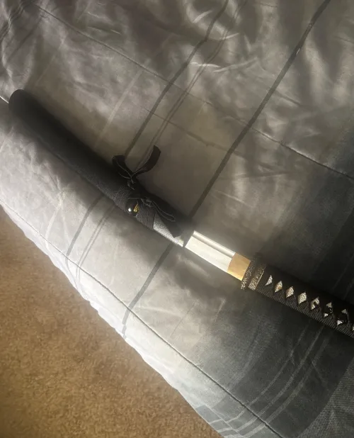 1045 Carbon Steel Tanto Sword with Black Matte Hardwood Saya and Bronze Alloy Oval Tsuba - Full Tang