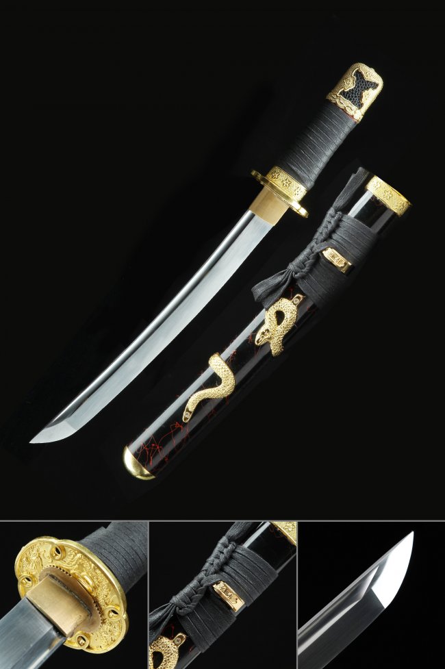 T10 Steel Tanto with Clay Tempered Blade, Black Saya & Gold Snake Fittings