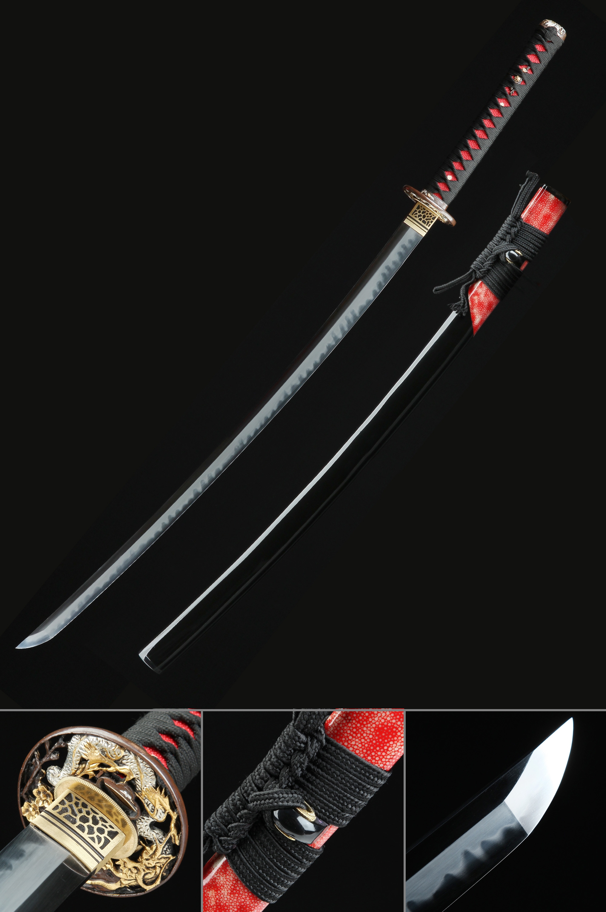 Handmade Japanese Samurai Sword T10 Folded Clay Tempered Steel With Black Scabbard