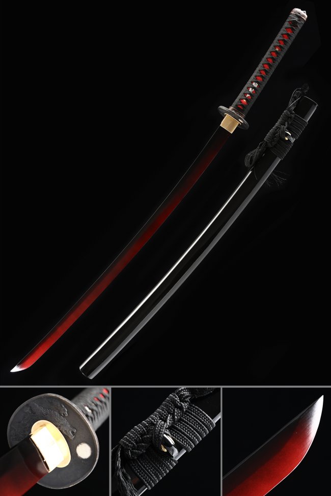 Crimson Red Blade Katana - Folded Damascus Steel Full Tang Sword with Black Cord Tsuka and Bamboo Tsuba
