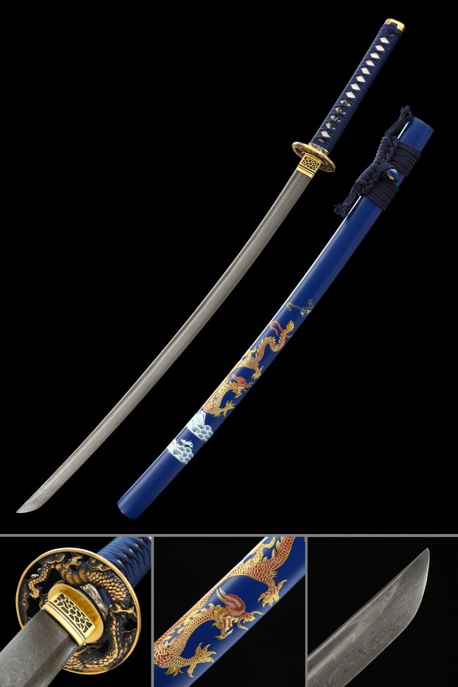 Melaleuca Steel Katana with Gold-Black Dragon Tsuba and Blue Dragon Saya