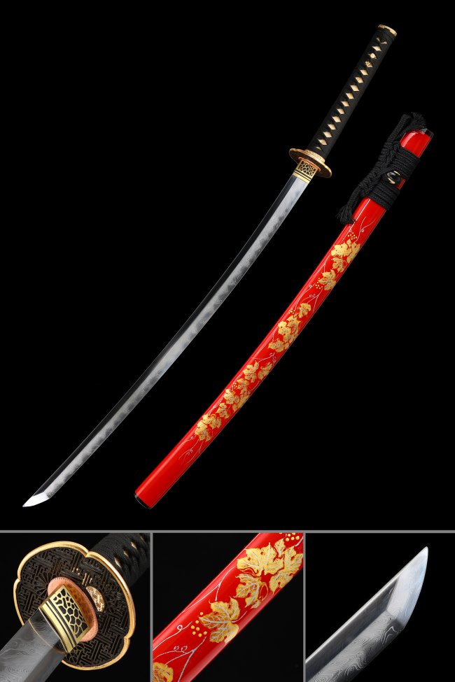 T10 Clay Tempered Japanese Katana with Real Hamon - Red Lacquer Saya, Copper Tsuba, Full Tang