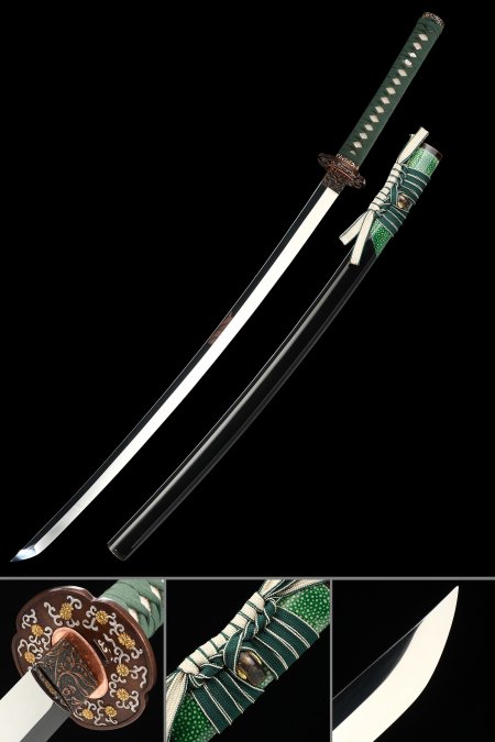 Handcrafted Full Tang Japanese Samurai Sword 1095 Carbon Steel With Flowers Theme Tsuba