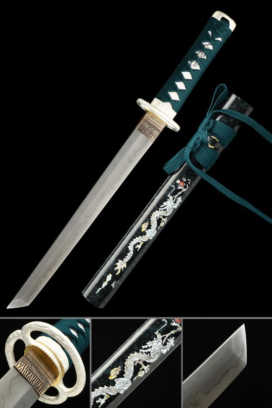 T10 Carbon Steel Tanto with Dragon Saya - Teal Wrap, White Dragon Tsuba, Black Lacquer