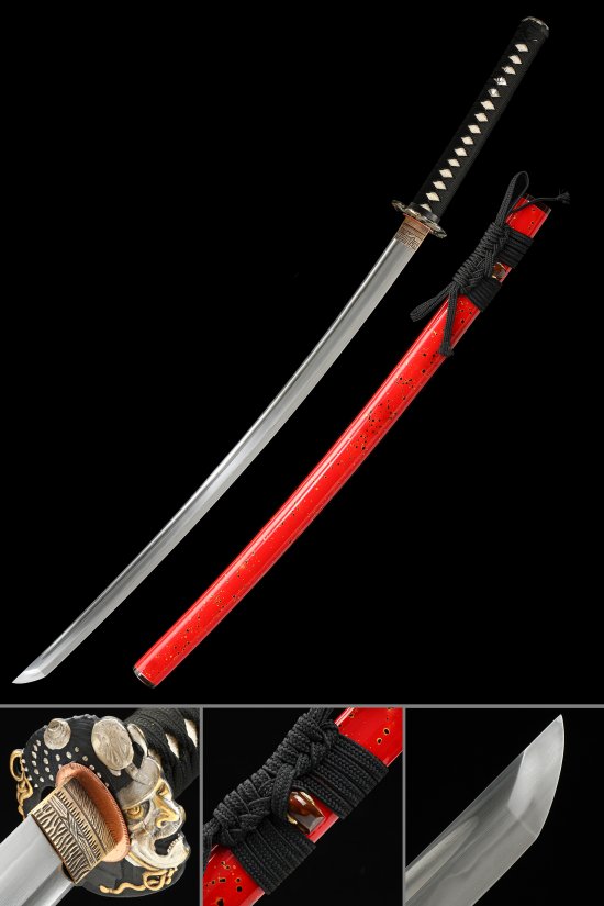 Ornate Scroll Tsuba T10 Carbon Steel Katana, Real Hamon, Full Tang & Handcrafted