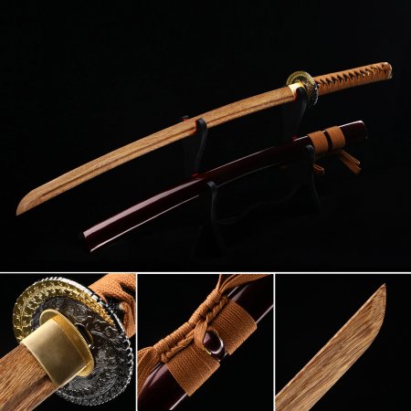 Handmade Japanese Wooden Katana Sword With Brown Blade And Dark Red Scabbard