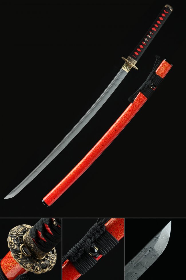 Damascus Steel Katana with Red Lacquer Saya - Gold Dragon Tsuba, Black-Red Ito, Wave Engraved Blade