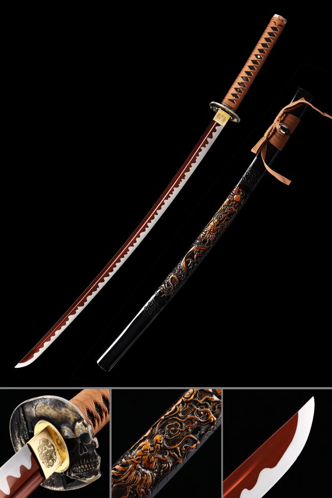 Manganese Steel Red Blade Katana with Dragon-Carved Black Saya and Skull Tsuba