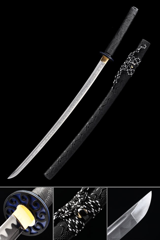 Manganese Steel Katana with Blue Cloud Tsuba, Black Leather Dragon Saya & Black-White Sageo
