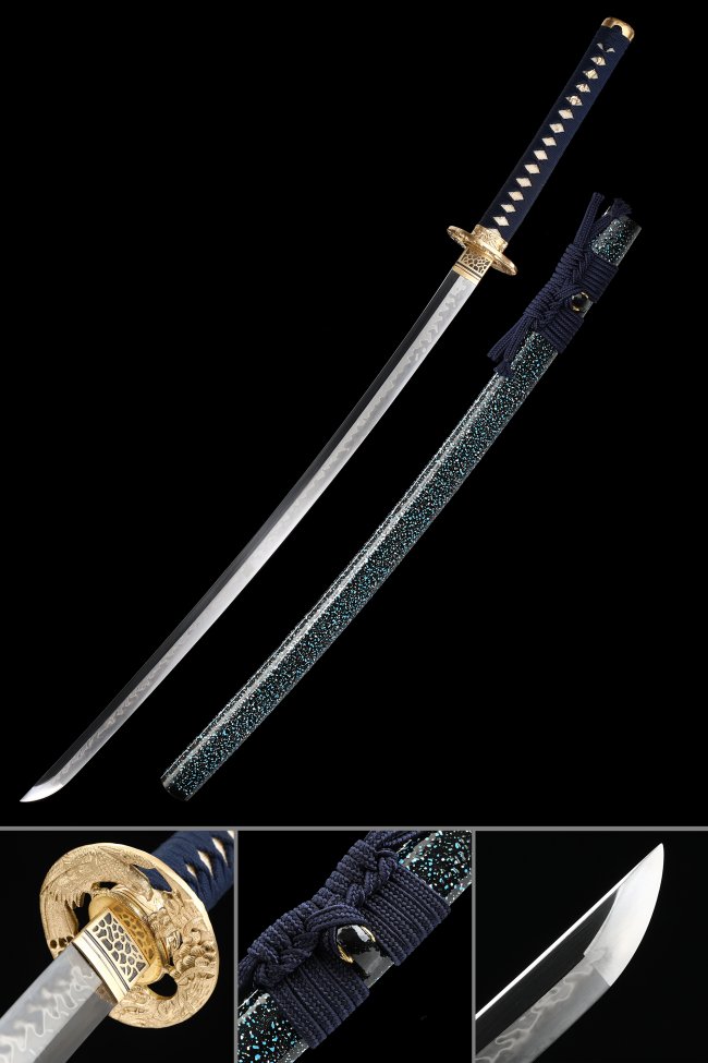 Dragon Tsuba T10 Carbon Steel Katana, Full Tang, Handmade & Dark Blue Saya