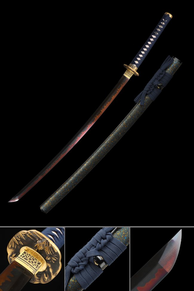 Full Tang Manganese Steel Katana with Black-Red Blade in Dark Blue Koshirae - Gold Chrysanthemum Tsuba