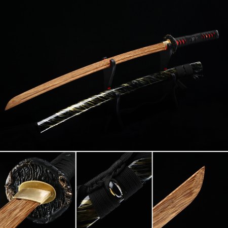 Handmade Wooden Unsharp Katana Sword With Brown Blade And Black Scabbard