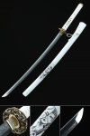 Handmade Japanese Katana Sword T10 Folded Clay Tempered Steel Real Hamon With White Scabbard
