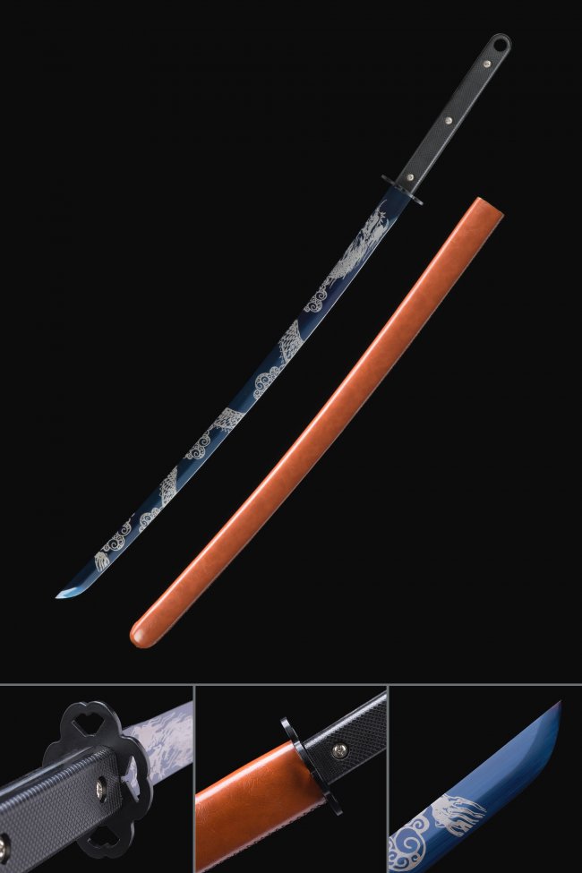 1095 Carbon Steel Katana with Blue Dragon-Engraved Blade in Orange PU Leather Saya