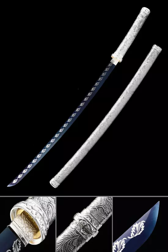 Handmade Japanese Katana Sword With Blue Blade And Silver Scabbard