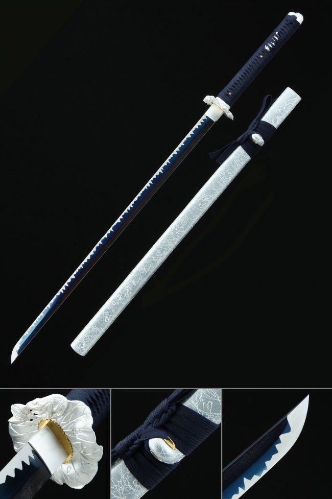 1095 Carbon Steel Ninjato with Blue Blade, White Cloud Tsuba & Dark Blue Cord Handle