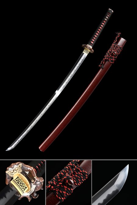 Japanese Katana, Handmade Katana Sword T10 Folded Clay Tempered Steel With Red Scabbard