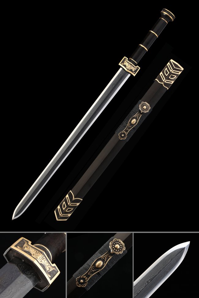 Han Dynasty Jian - Clay Tempered Damascus Steel Double Edged Sword With Copper Fittings