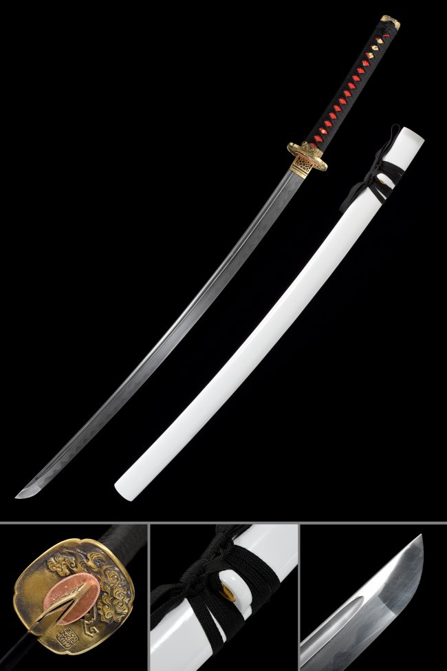 Damascus Steel Katana with White Lacquer Saya - Black & Red Cord Handle, Gold Tsuba