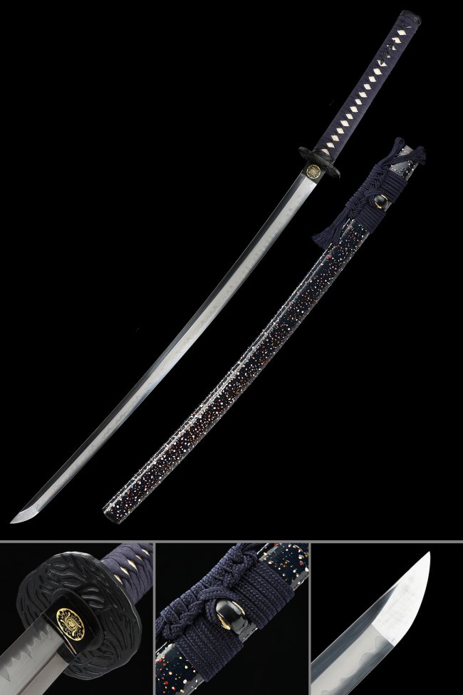 T10 Carbon Steel Katana with Real Hamon - Dark Blue Ito, Starry Night Hardwood Saya, Dragon Tsuba