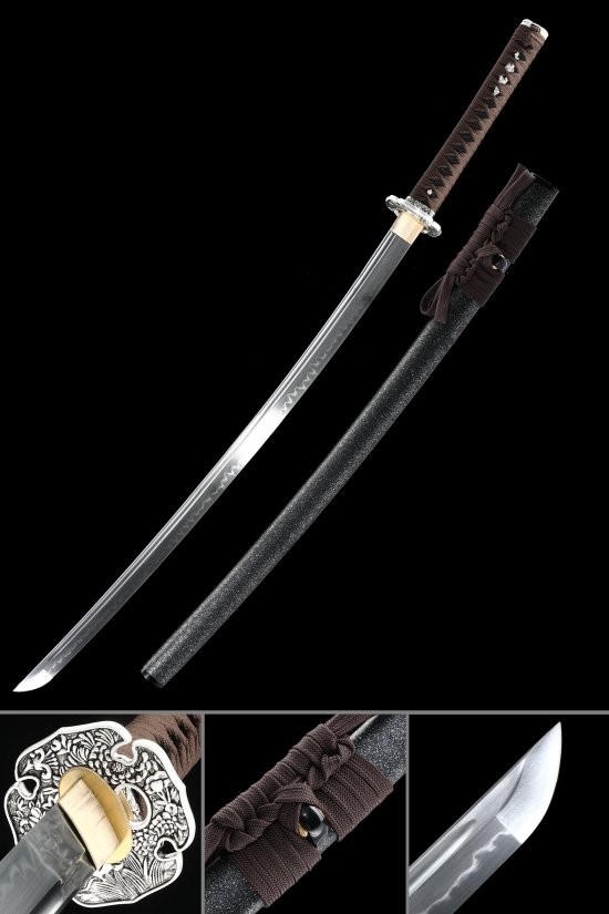 T10 Carbon Steel Katana with Peony Silver Tsuba, Brown Ito & Black Marble-Lacquer Saya