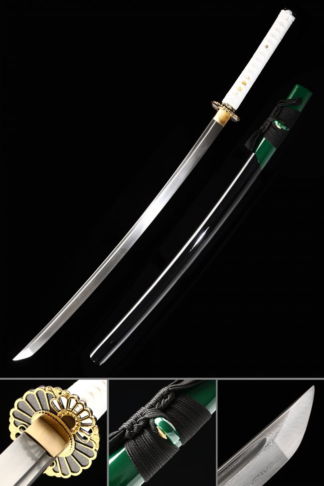 Damascus Steel Katana with Green Lacquer Saya, Gold Chrysanthemum Tsuba & White Ito - Full Tang Replica