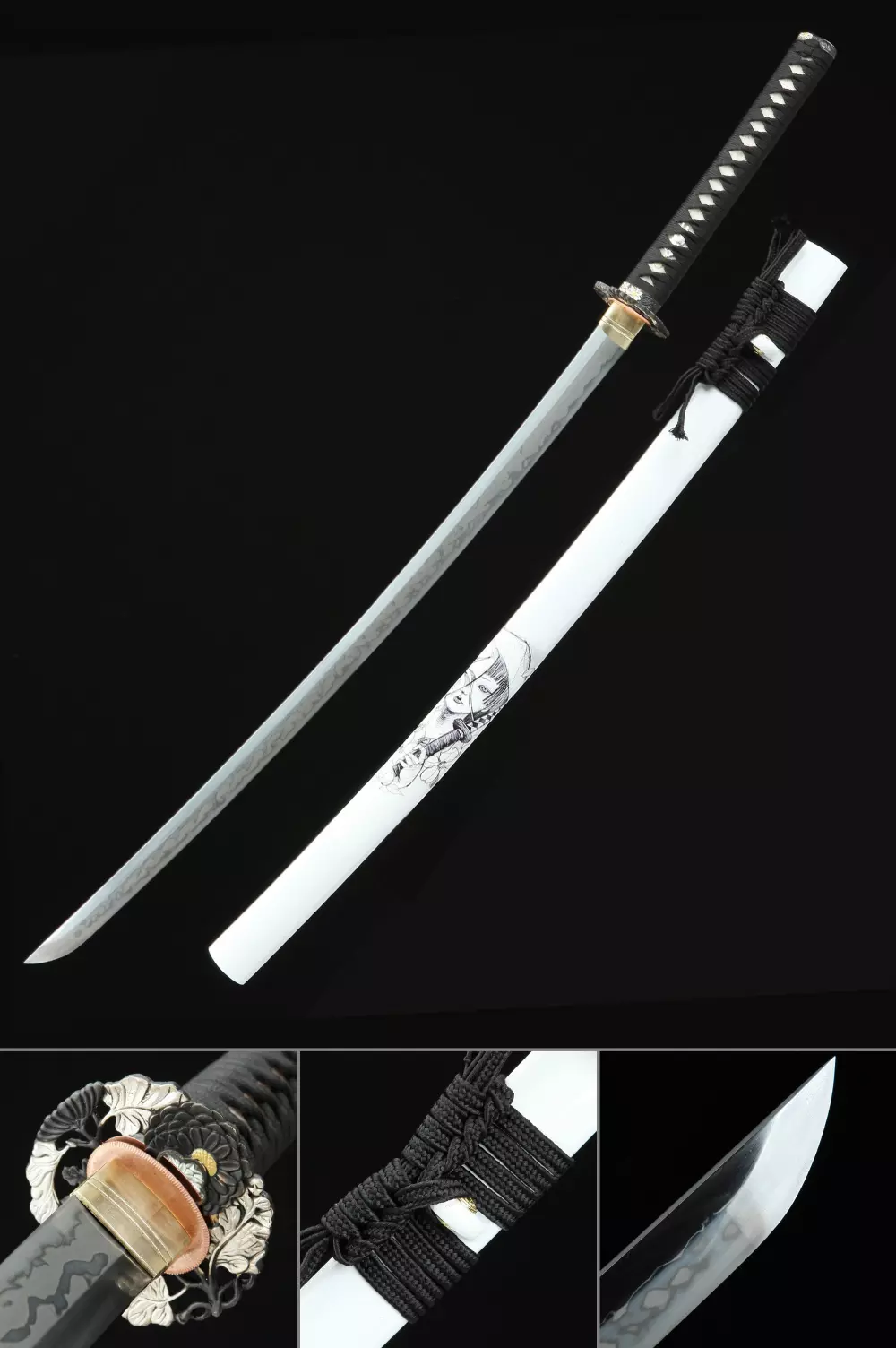 TRUEKATANA Handmade T10 Carbon Steel Real Hamon Japanese Ninjato Ninja Swords with White Scabbard 
