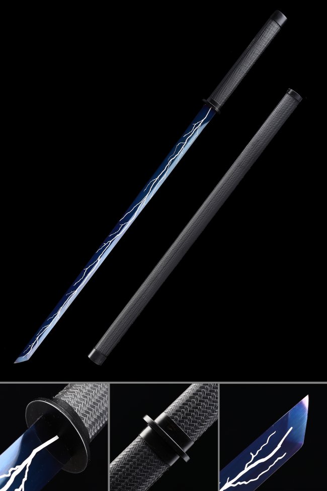 Chokuto Ninjato Sword in High Manganese Steel with Blue Lightning Blade and Black Woven Handle