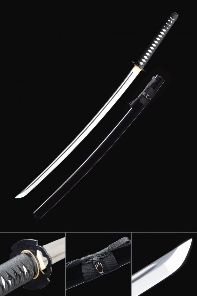 Manganese Steel Katana with Black Lacquer Hardwood Saya - Full Tang, Iron Tsuba, Black Cord Handle