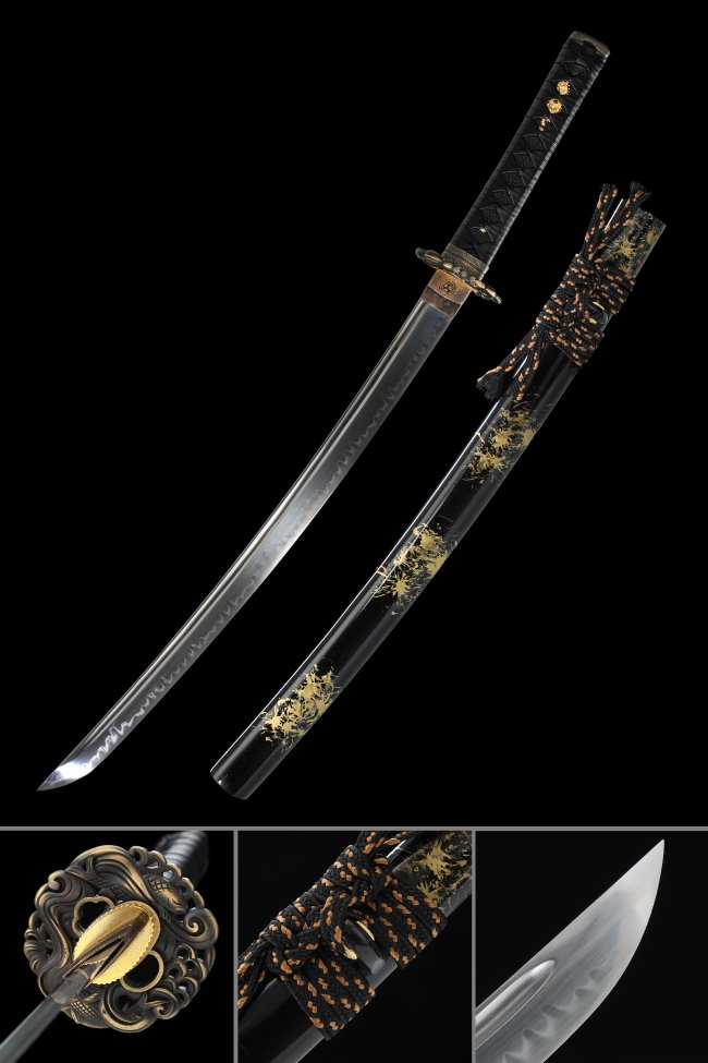 T10 Carbon Steel Wakizashi with Real Hamon in Black Lacquer Saya - Bronze Ornate Scroll Tsuba