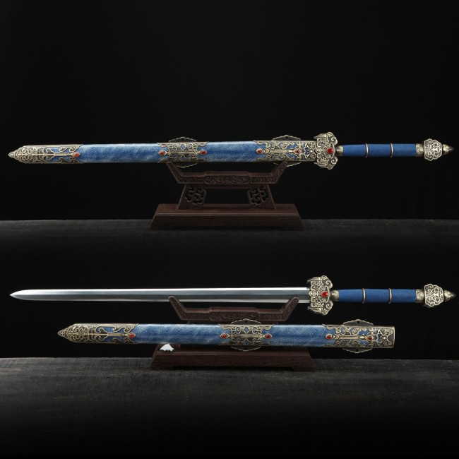 Handmade Blue Real Rayskin Scabbard Damascus Steel Chinese Swords Of Feng Shen