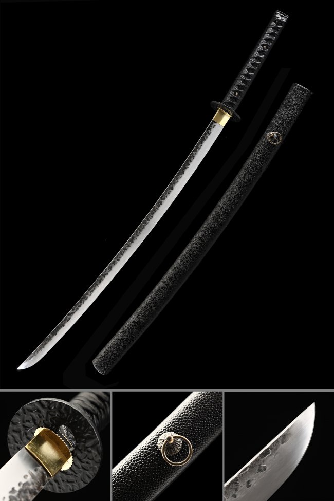 Manganese Steel Full Tang Katana with Hand-Hammered Blade in Black PU Leather Saya - Traditional Japanese Sword