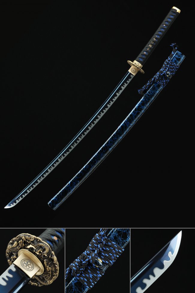Blue Blade Manganese Steel Katana with Dragon Tsuba - Dark Blue Lightning Saya