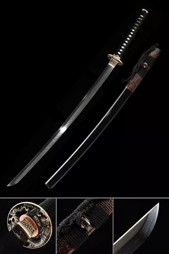 Authentic Katana Sword T10 Folded Clay Tempered Steel With Black Scabbard