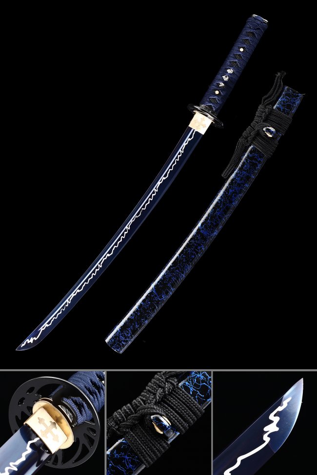 Blue Blade Wakizashi Sword in High Manganese Steel with Lightning Hamon and Black-Blue Lacquered Saya