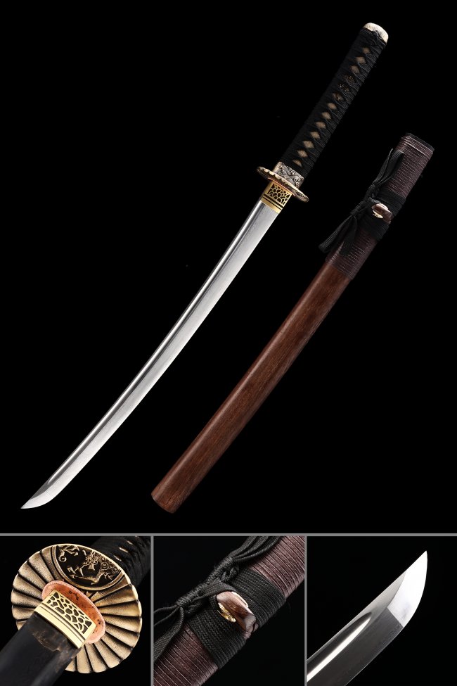 Damascus Steel Wakizashi with Rosewood Saya - Dragon Copper Tsuba, Black Ito, 21.25" Blade