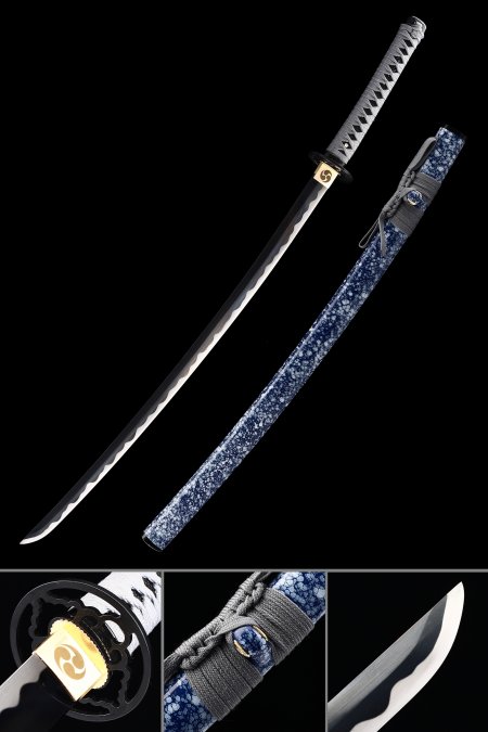 Handmade Japanese Samurai Sword With Black Blade And Blue Scabbard