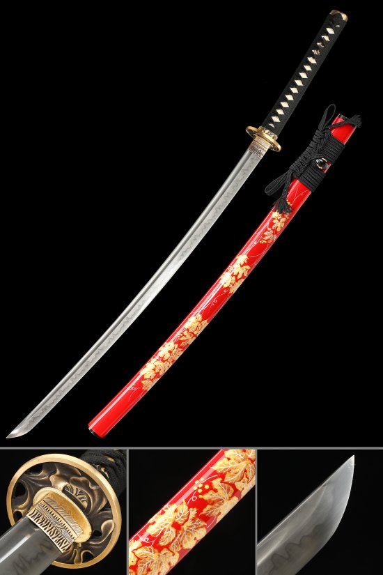 T10 Carbon Steel Katana with Real Hamon in Red Lacquer Saya - Gold Maple Leaf Design