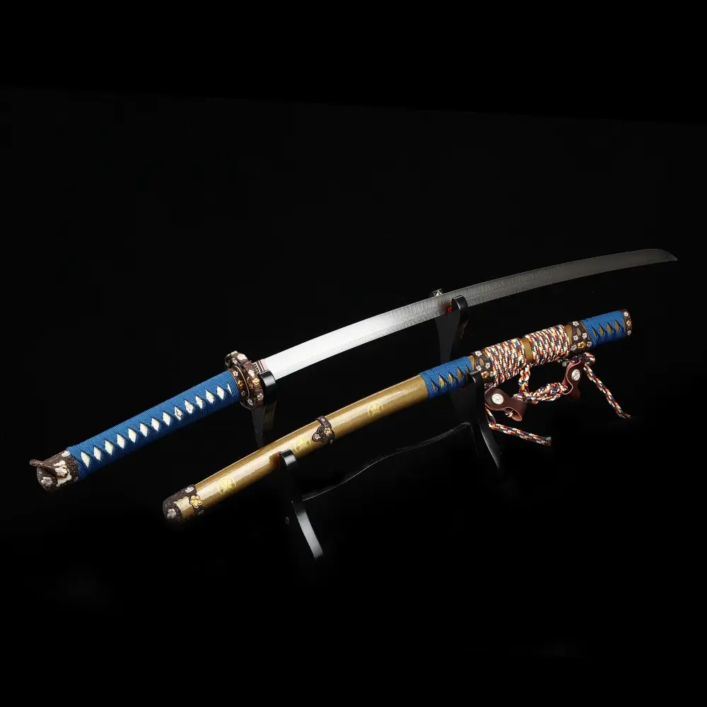 Tachi Sword | Damascus Steel Tachi Sword with Gold Hardwood Saya
