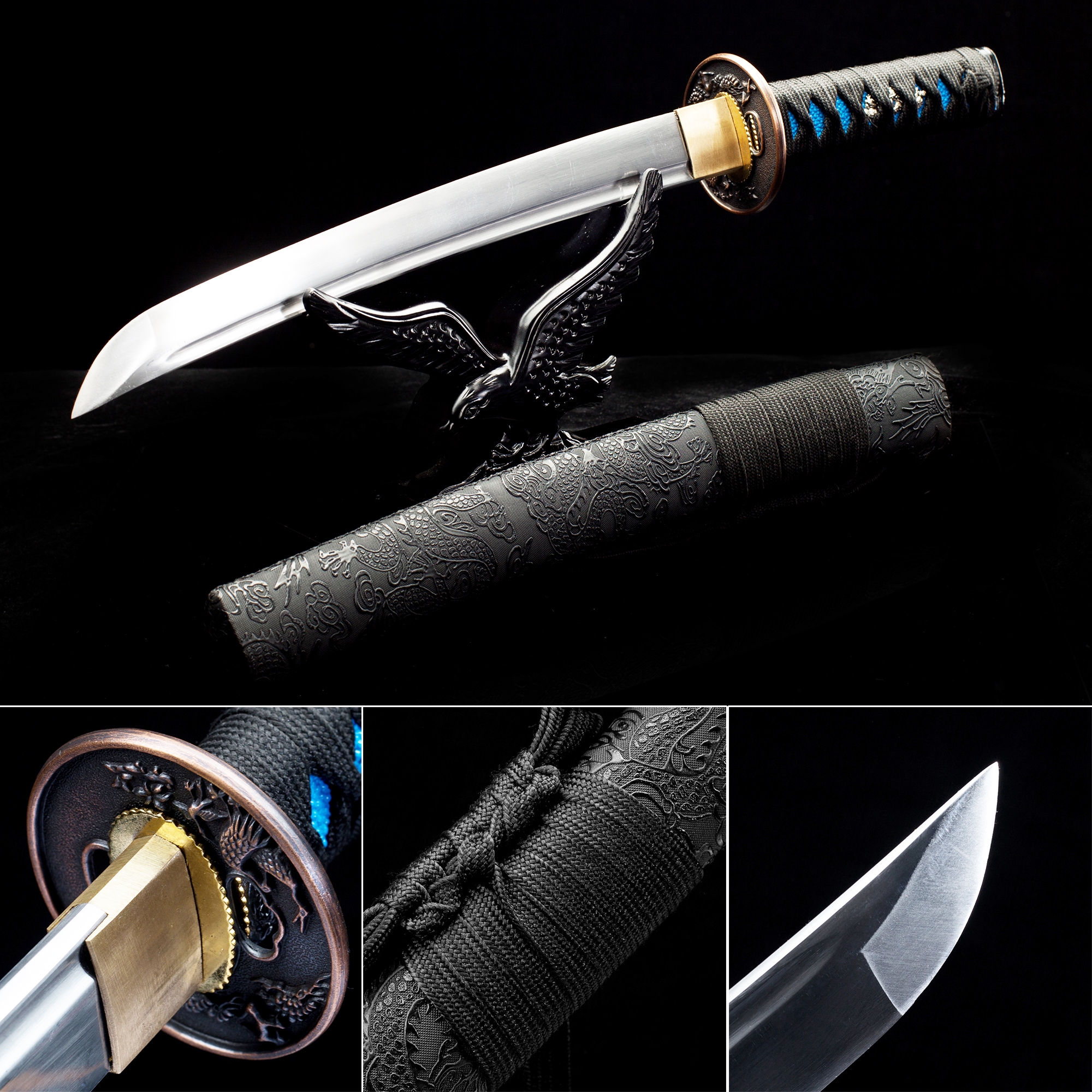 Handmade High Manganese Steel Sharpening Blade Japanese Tanto Swords With Black Leather Scabbard 0903