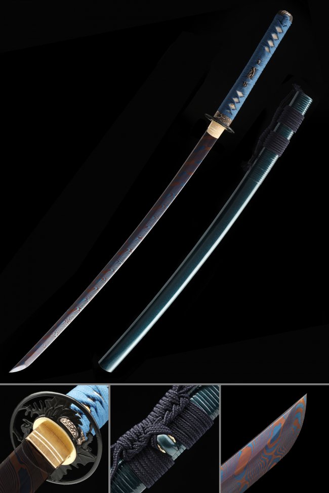 Blue Damascus Steel Katana with Dragon Tsuba, Teal Lacquer Saya & Blue Cord Handle