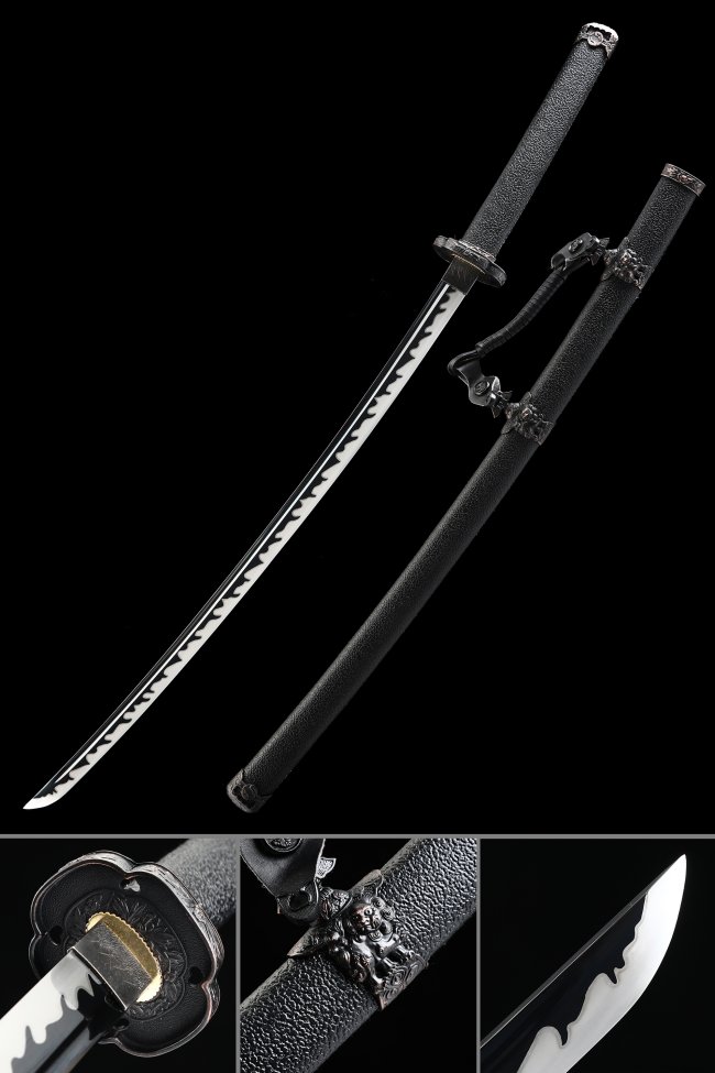 Nodachi Sword Manganese Steel Black Blade with Ornate Scroll Tsuba and Black PU Leather Saya