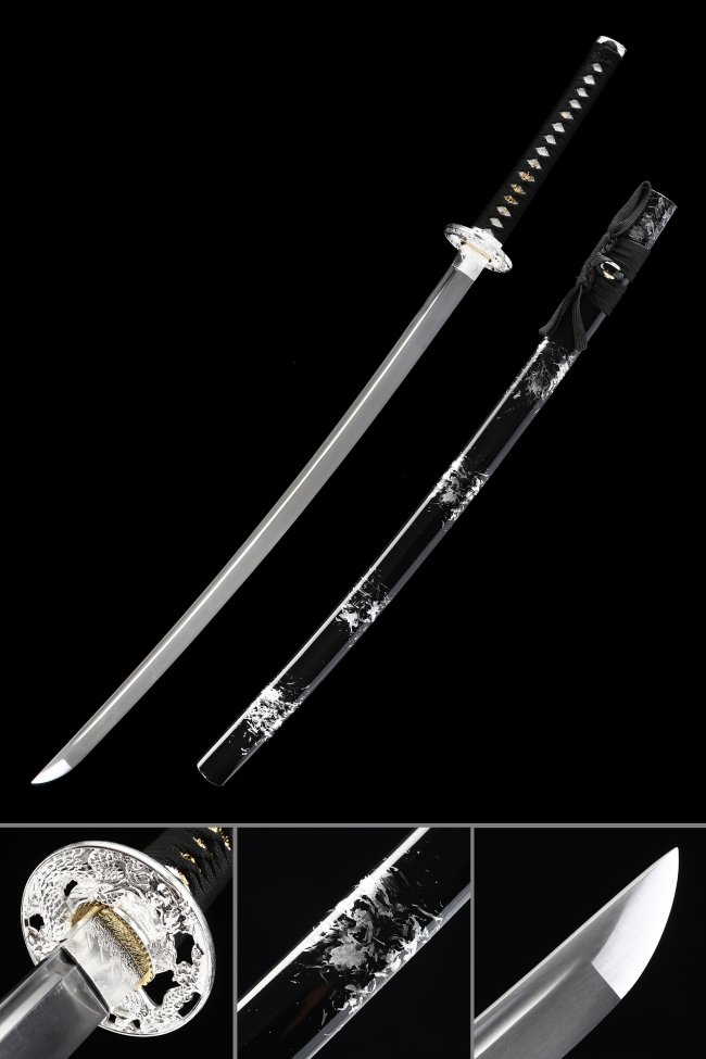 Spring Steel Katana with Silver Dragon Tsuba and Black Lacquered Saya - Full Tang Japanese Sword