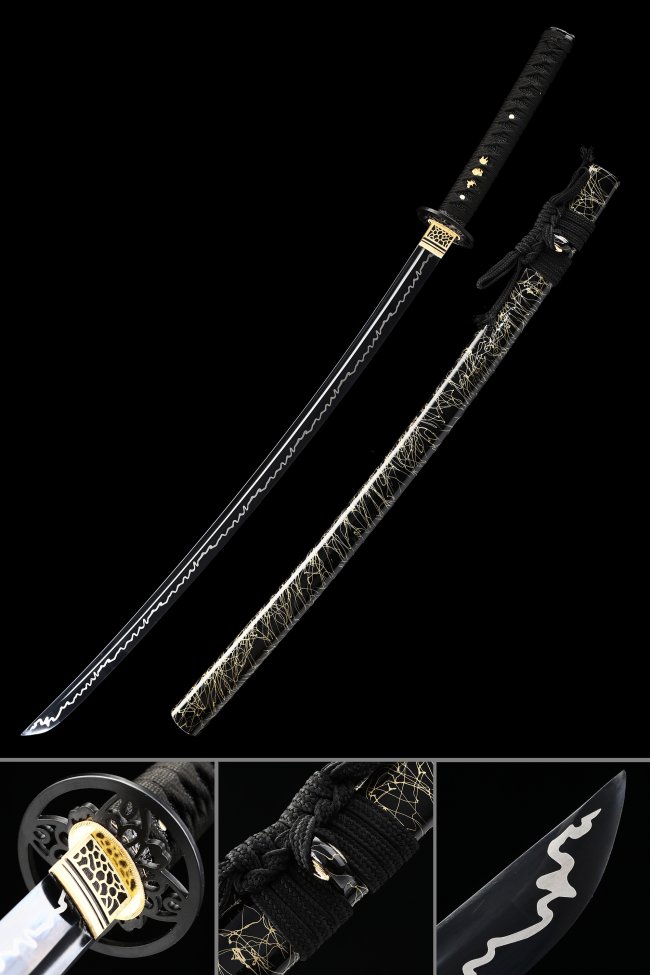 Black Blade Katana in Manganese Steel with Gold Vine Saya - Wave Engraved Collectible
