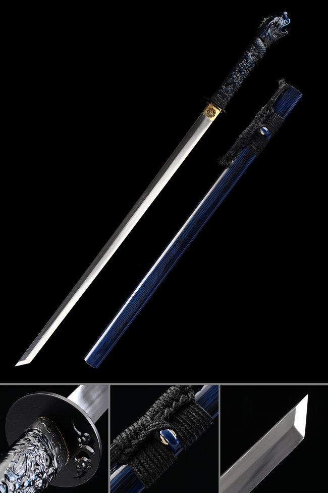 Manganese Steel Ninjato with Dragon Head Handle in Blue Hardwood Lacquer Saya