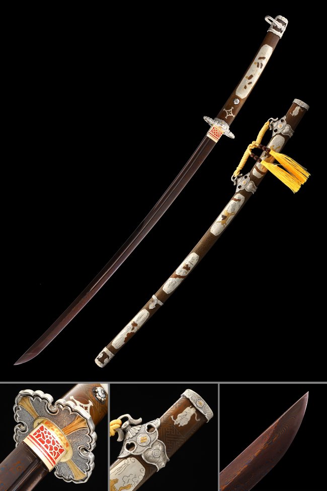 Damascus Steel Odachi Sword with Dark Red Blade, Brown-White Cloud Saya & Silver Scroll Tsuba