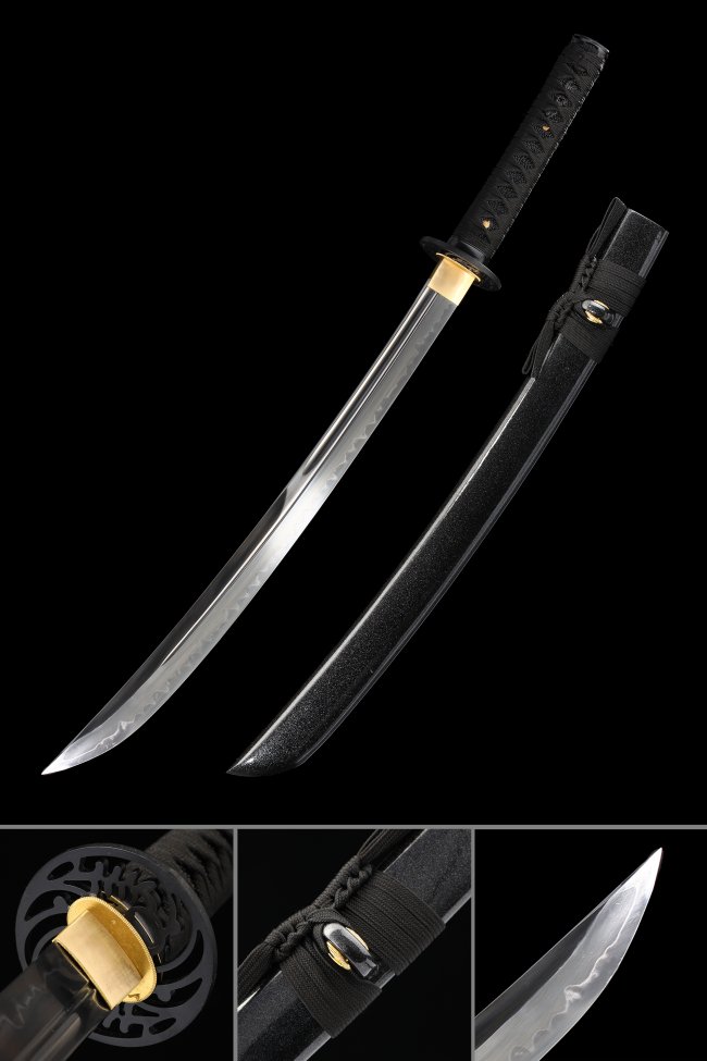 T10 Steel Wakizashi with Clay Tempered Blade in Black Lacquer Saya - Real Hamon