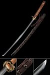 Damascus Steel Katana with Dragon Tsuba in Gold, Brown Cord Handle & Carved Black Saya